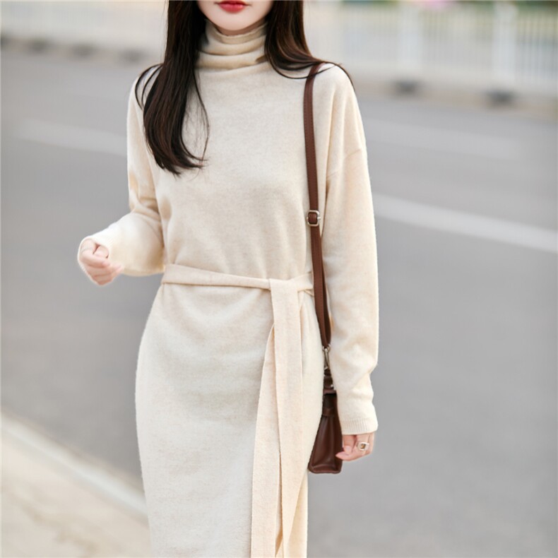 堆堆高领100%纯羊毛衫针织连衣裙女中长款过膝腰带羊绒衫打底裙子，女装连衣裙，蒙特羊绒