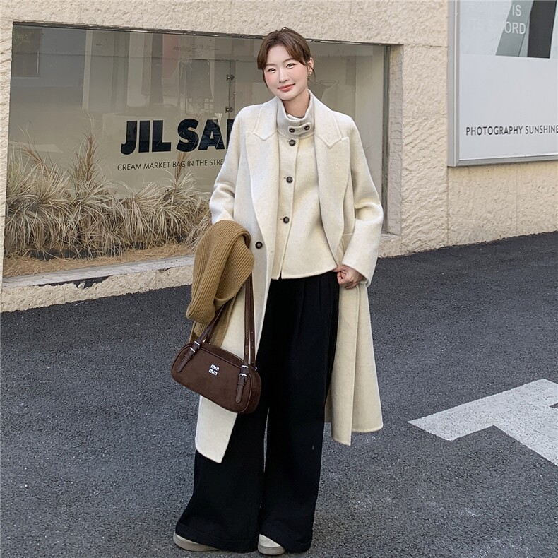 韩系白色双面呢羊毛大衣马甲两件套女2025新款ootd高级气质一整套，女装双面呢大衣，蝶眷