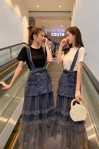 时尚气质2021夏季新款收腰背带网纱韩版拼接两件套,女装套装/套裙,艾仟回(原伊仟回)