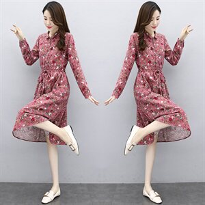 时尚优雅碎花长袖连衣裙 修身显瘦气质女装XBL096图片