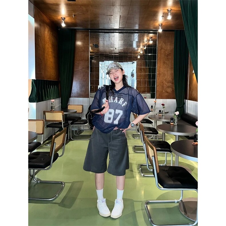 夏季藏青色87大网眼球衣美式街头复古印花球服短袖t恤男女夏季,男装T恤,星座506A