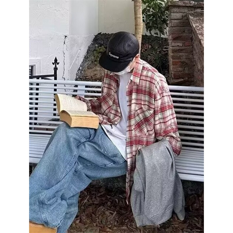 春秋季长袖格子衬衫男款复古宽松格纹外套百搭男生衬衣CS52,男装衬衫,星座1116A（原606A-3）