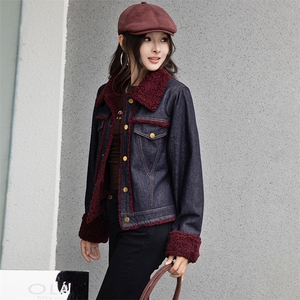 现货复古羊羔毛棉衣外套女2024冬新款韩版时髦加绒加厚牛仔棉服图片