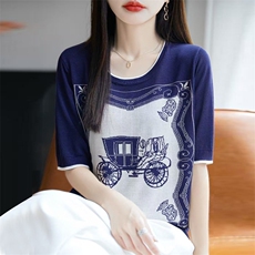 2025春夏新圆领套头莱赛尔天丝短袖女老爷车复古百搭亲肤透气T恤，女装T恤，大美人包芯纱店