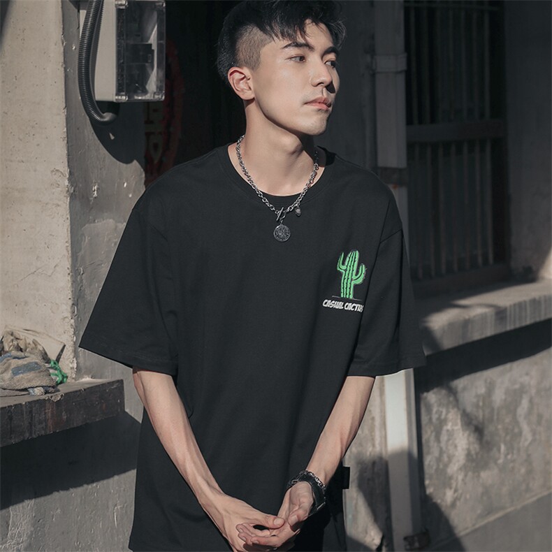 夏装新款日系圆领纯棉卡通仙人掌印花短袖T恤C309-T66-P35-X49,男装T恤,电商C309B