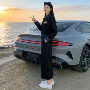 韩系高级时尚套装女春拼接色衣领衣袖设计绣花订珠卫衣半身裙套装图片
