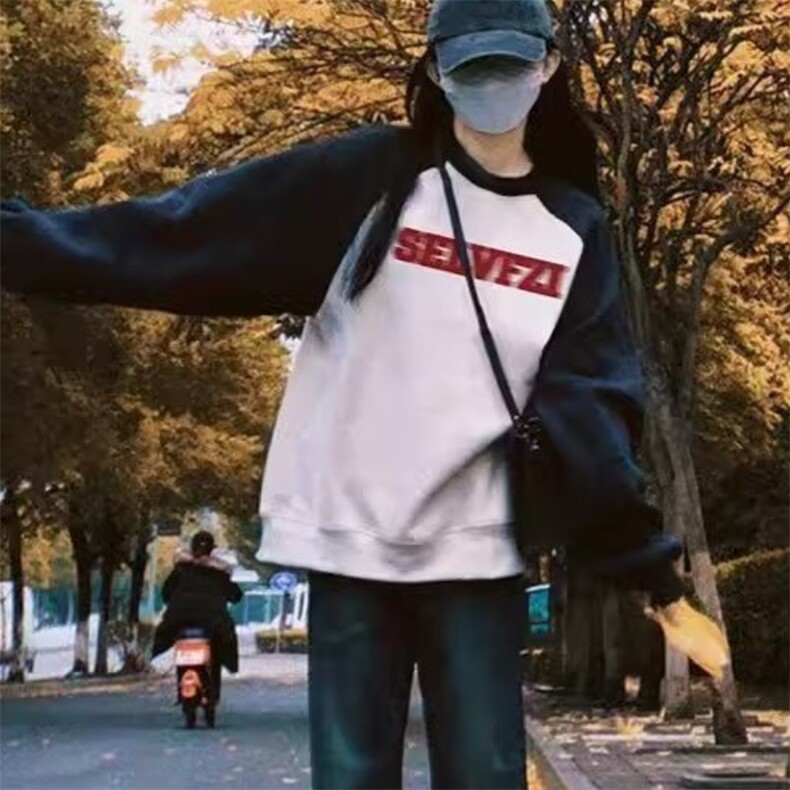 美式复古插肩袖圆领无帽薄款卫衣女春秋新款宽松oversize撞色上衣，男装卫衣，星座1210-1