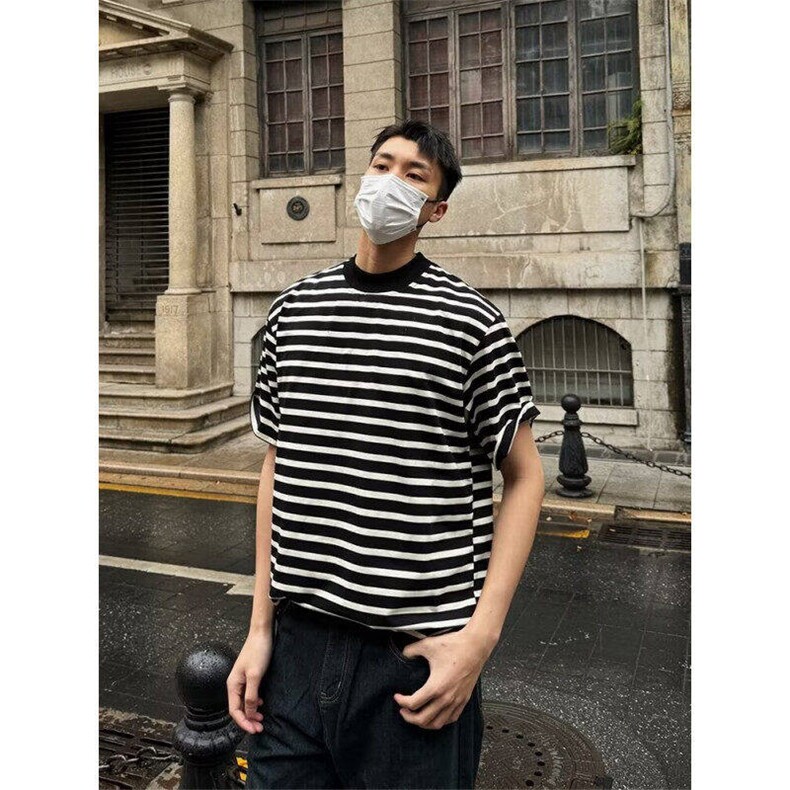 港风复古vintage条纹小领口短袖男百搭宽松休闲t恤上衣LU544-p38,男装T恤,星座1008