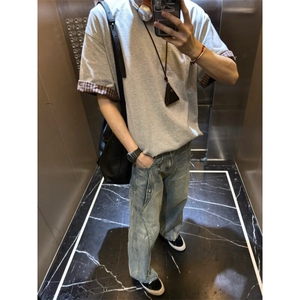 TXY44LL-P37 cleanfit美式复古格子拼接短袖t恤高级感小领口半袖图片