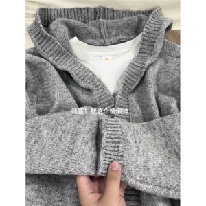 AA1738 P55灰色连帽纽扣开衫毛衣男女秋季宽松针织衫图片
