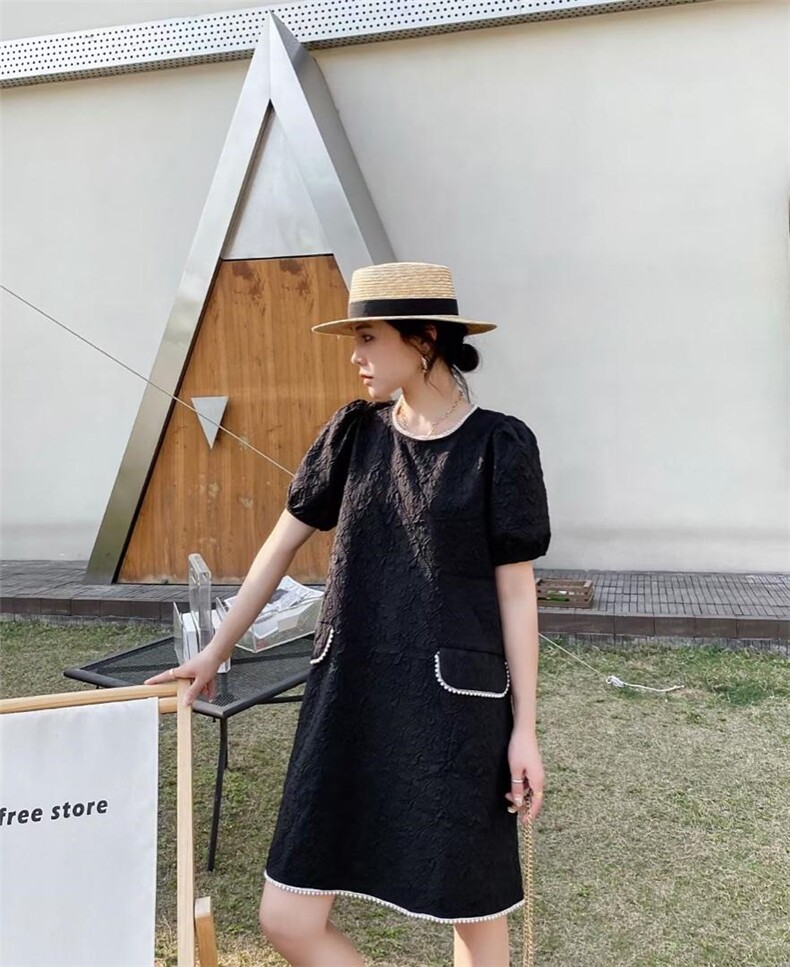 珍珠边压花连衣裙，女装连衣裙，斐媞梦