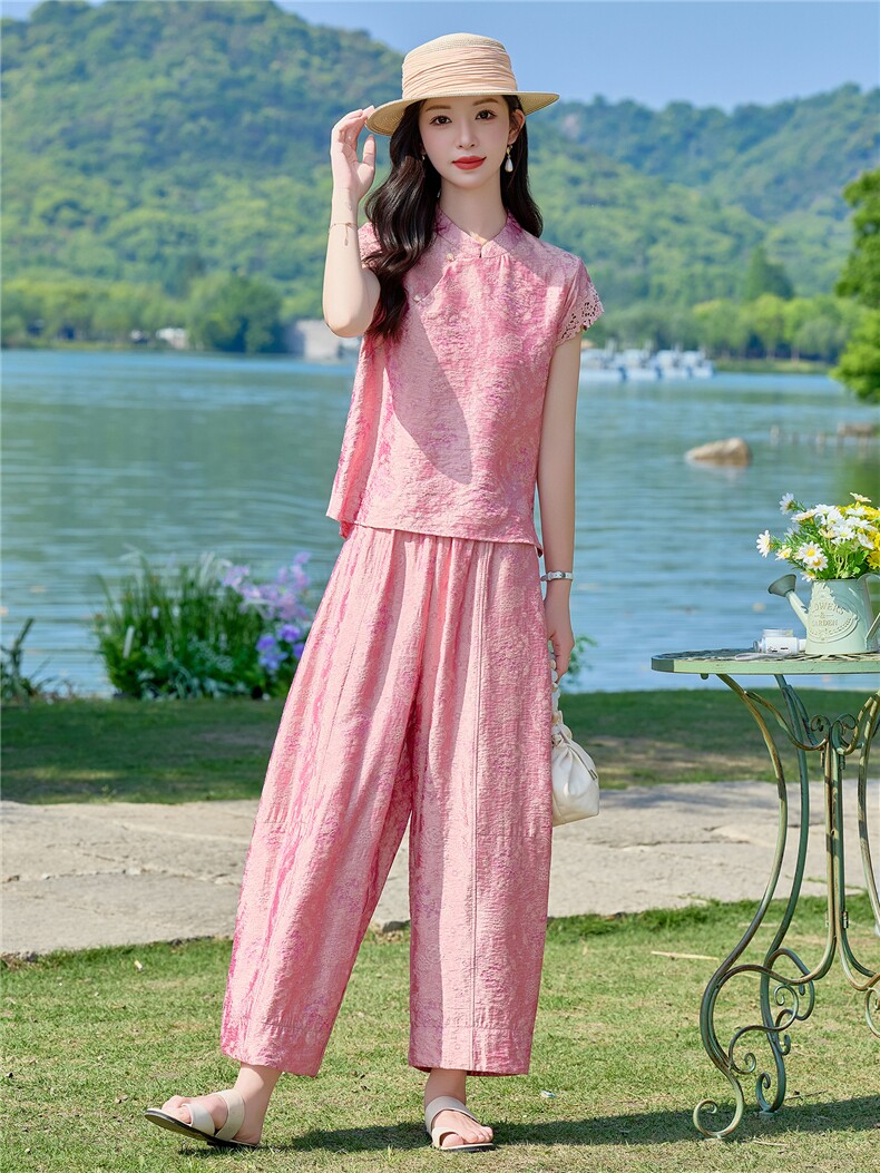 2026夏季新款新中式风盘扣提花蕾丝上衣女修身显瘦气质套裤,女装套装/套裙,众宇琦