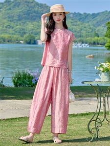 2026夏季新款新中式风盘扣提花蕾丝上衣女修身显瘦气质套裤图片