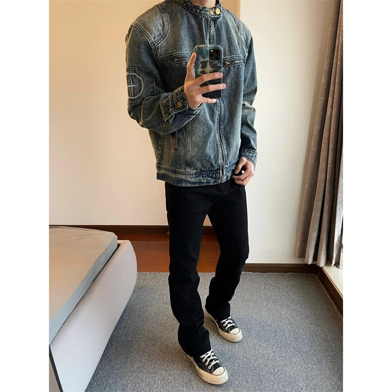美式复古做旧水洗牛仔外套男立领拉链刺绣机车夹克男JK3162,男装夹克,星座1116A（原606A-3）