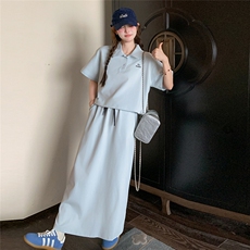 浅蓝色学院风poloT恤半身裙套装女2025夏季新款休闲小个子两件套，女装套装/套裙，2C206
