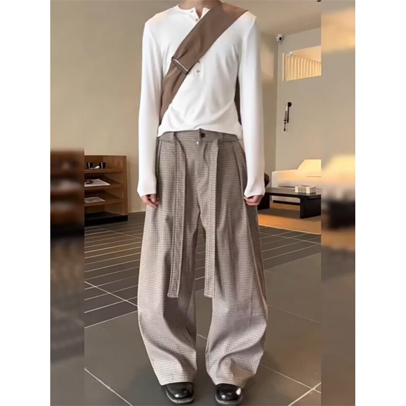 老钱风配腰带千鸟格休闲裤网络图,男装休闲裤,星座410-7