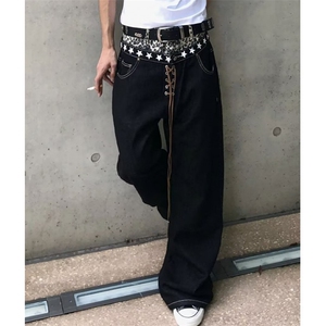 复古深蓝色宽松阔腿牛仔裤男女新款高腰慵懒风垂感拖地长裤 N7099图片