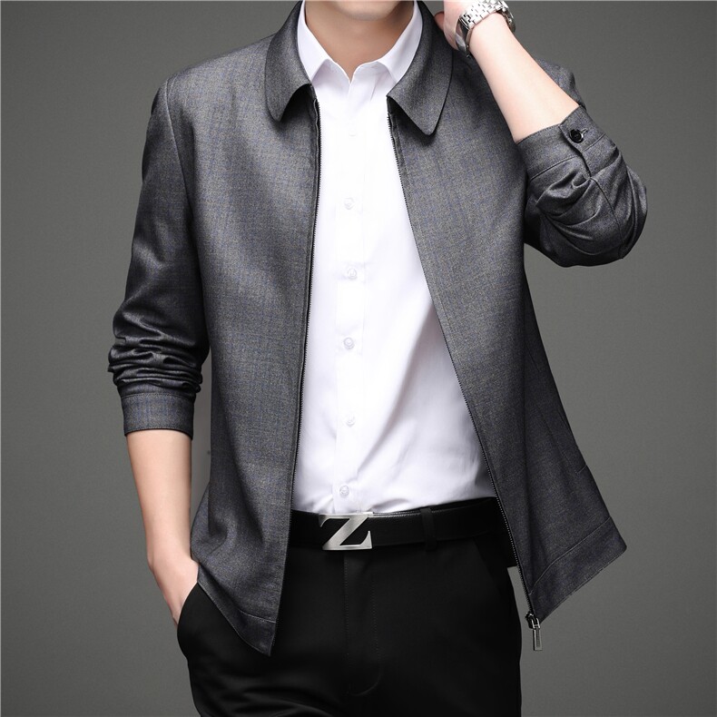 高品质新款中老年薄款羊毛呢夹克衫翻领含羊毛男士休闲外套爸爸装，男装夹克，钱塘723