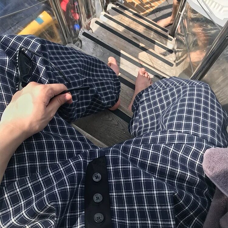 DBK06-P55美式慵懒撞色格子休闲裤男秋季百搭阔腿拖地裤-网图大货,男装休闲裤,星座603-2