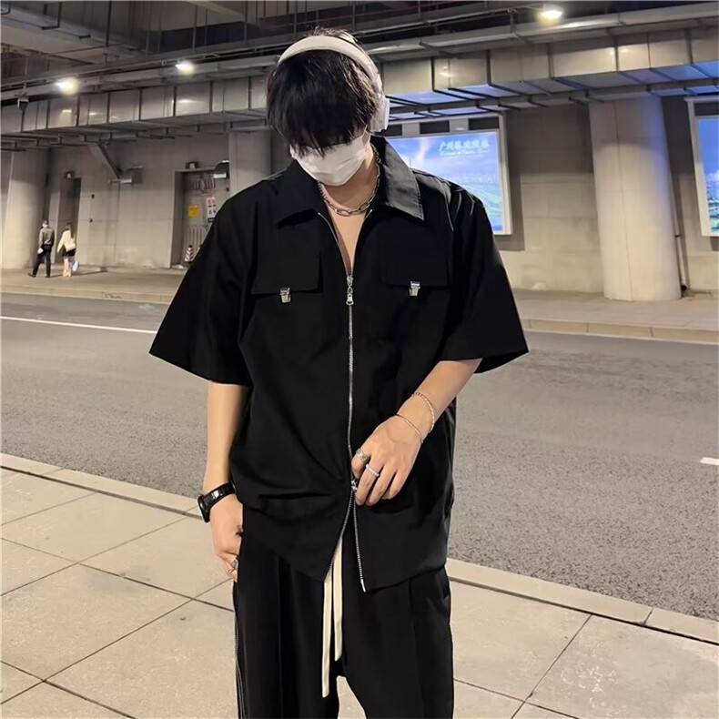夏季高品量翻领短袖衬衫舒适宽松拉链口袋C778p42,男装衬衫,星座1013