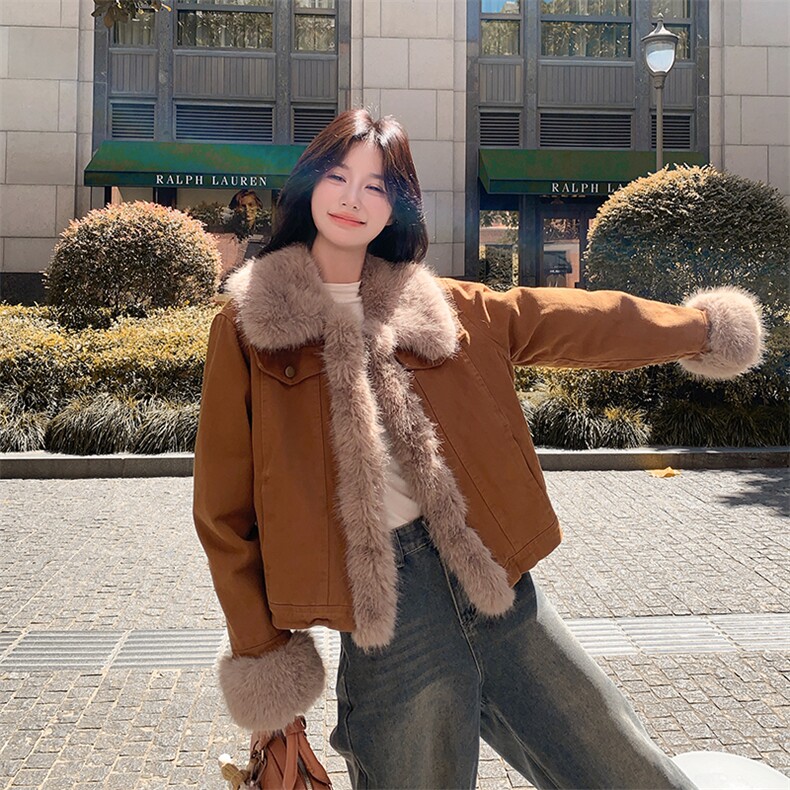 复古时髦毛毛拼接外套女2025冬新款短款加厚保暖美拉德高级感上衣,女装棉衣/棉服,2C029