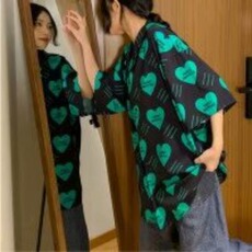 爱心印花短袖衬衫女复古bf港味宽松西装领设计感韩版衬衣女夏，男装T恤，星座1210-1