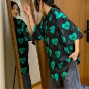 爱心印花短袖衬衫女复古bf港味宽松西装领设计感韩版衬衣女夏图片