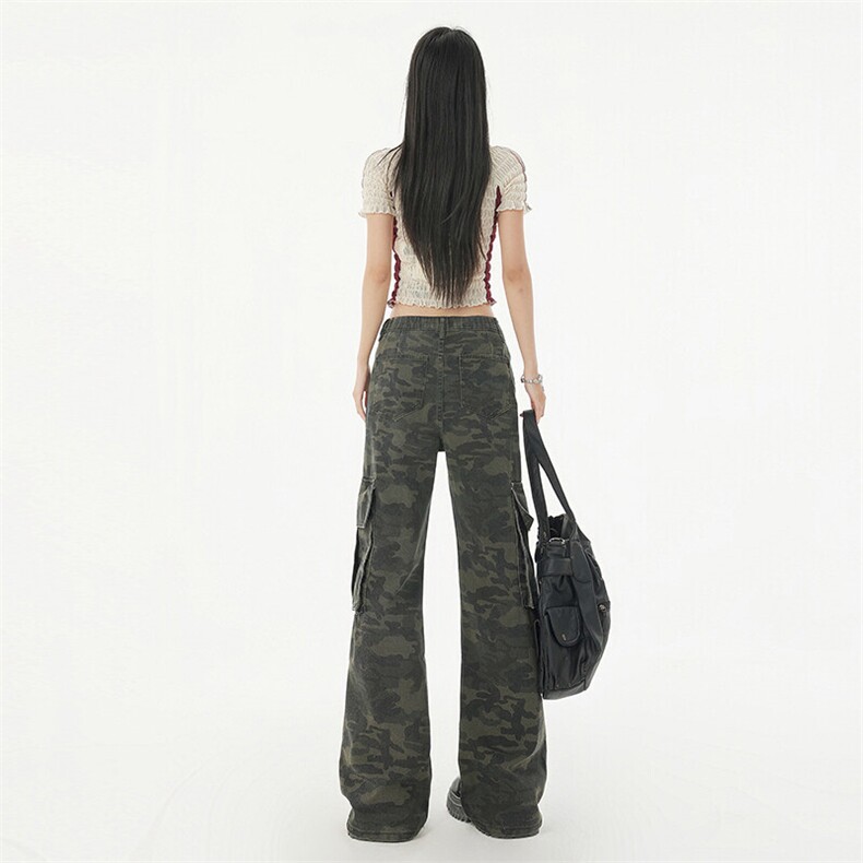 美式复古迷彩多口袋工装裤女春夏高街阔腿宽松直筒显瘦YD6602-P55,男装休闲裤,星座509