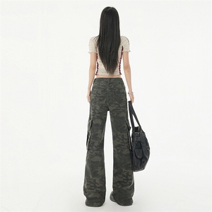 美式复古迷彩多口袋工装裤女春夏高街阔腿宽松直筒显瘦YD6602-P55图片