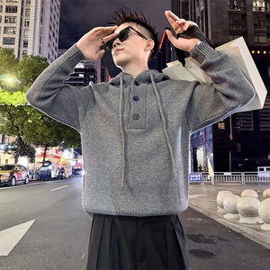 美式潮牌秋冬连帽毛衣半开衫纽扣情侣套头针织衫男8022-P78控118图片