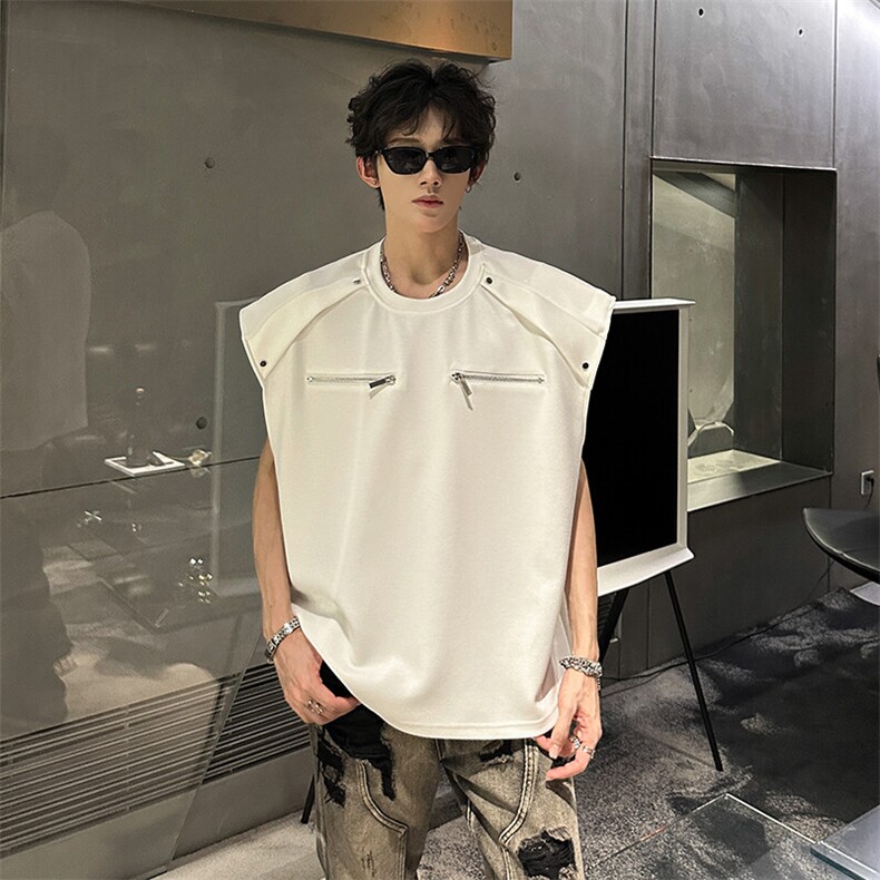 重磅垫肩夏季无袖T恤美式拉链设计背心950P42，男装背心/马甲，电商A458A