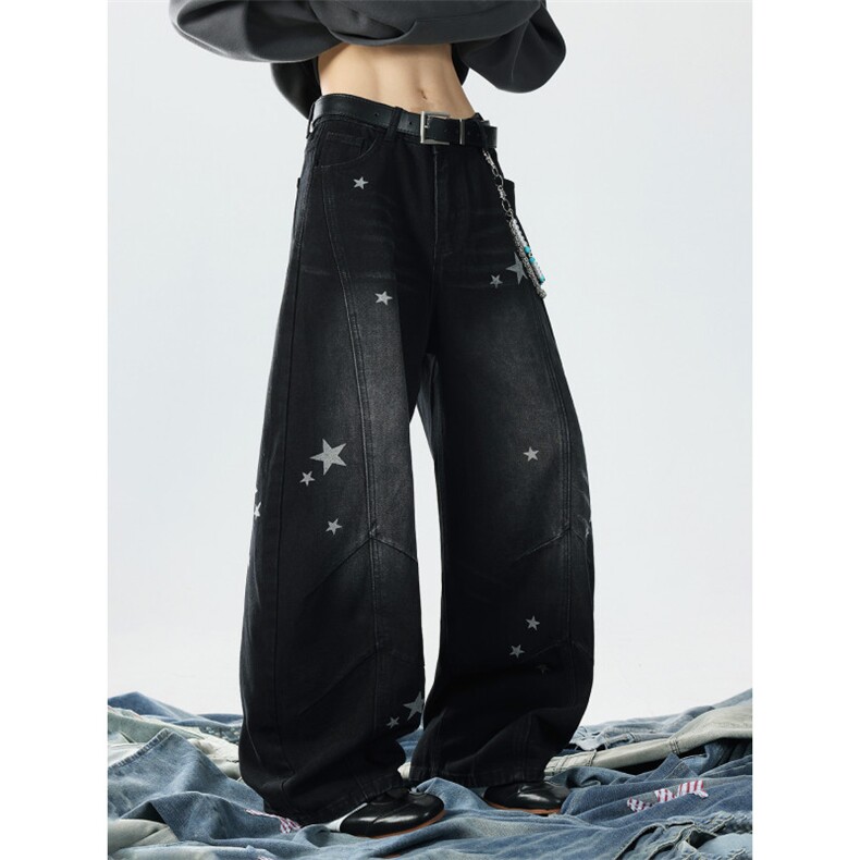 美式复古辣妹星星牛仔裤女宽松显瘦百搭阔腿裤N0902-P55，男装牛仔裤，星座308B-2