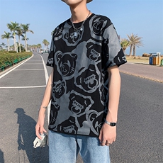 港风小熊印花半袖男夏季ins潮流圆领短袖T恤潮流T129P35控49，男装T恤，电商A089-1
