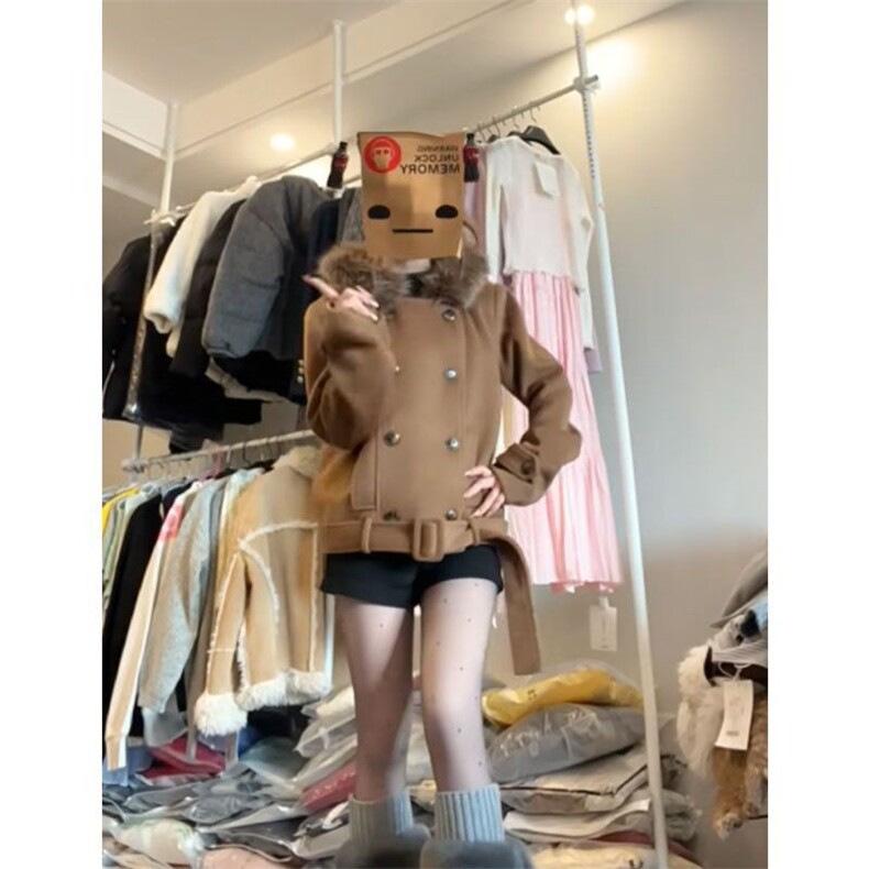 1506-1/WXWT291/P79韩系复古设计感小众双排扣毛呢外套,女装短外套,星座1506-1