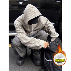 480G重磅加绒硬挺boxy男女秋冬美式高街条纹毛呢卫衣开衫厚外套，女装短外套，电商A486-1