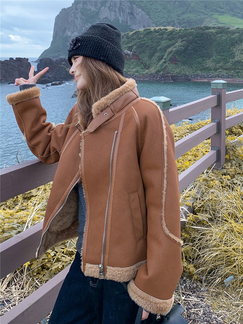 美拉德咖色羊羔毛外套女冬季2025新款时尚皮毛一体麂皮绒加厚棉服,女装羊羔毛/颗粒绒,诺蝶