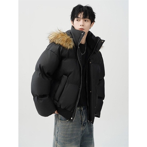 现货三防重磅硬挺boxy短款羽绒棉衣座山雕大毛毛领PU皮棉服外套冬图片