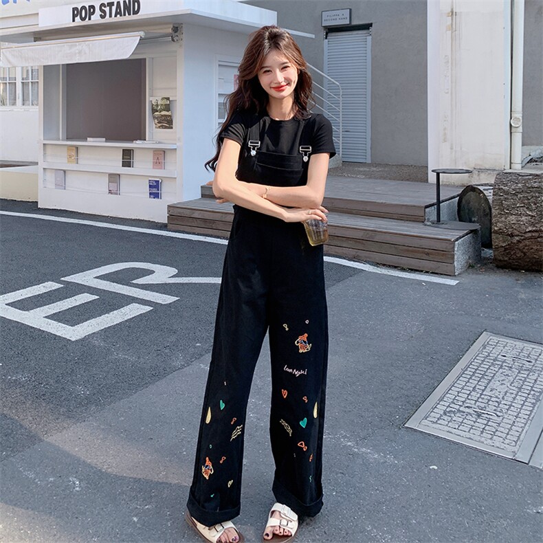 元气减龄卡通刺绣水洗牛仔背带裤女2025年夏季宽松显瘦阔腿连体裤,女装连体裤,2C122