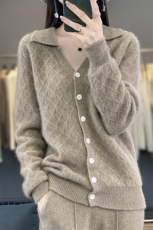 25新款100%纯羊毛开衫女POLO领提花毛衣针织衫外套宽松羊绒衫上衣，女装羊毛衫，邓利维