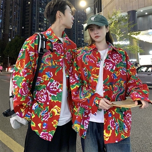 C203情侣大花长袖衬衫男女休闲衬衣新中式汉服团队服表演出宽松潮图片