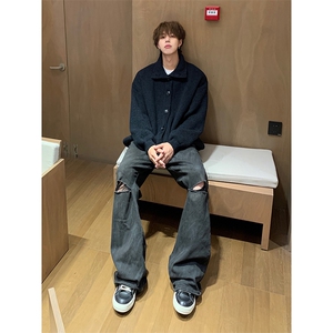 慵懒风半高领长袖秋季开衫连帽毛衣美式复古简约针织衫HY615TP55图片