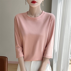 2025新款圆领冰爽棉七分袖T恤女春夏气质休闲棉线打底衫内搭上衣，女装针织衫/毛衣，长今羊