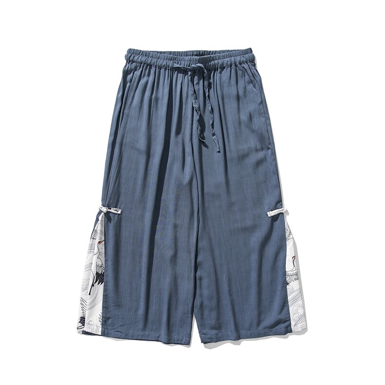 夏季大码风棉麻休闲哈伦九分裤改良汉服仙鹤阔腿裤K110/P70,男装民族服装,电商A221A