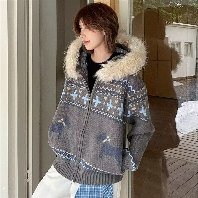 CHICXIXI25AW复古费尔岛大毛领连帽开衫双拉链毛衣外套男女秋冬，男装针织衫/毛衣，四季星座505