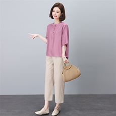 棉麻刺绣衬衫套装女2025夏装新款时尚中年妈妈宽松减龄亚麻两件套，女装套装/套裙，依恋蒂丝