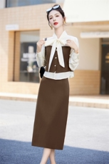 宽松修身飘带饰上衣套装女2025秋季新款洋气显瘦减龄半身裙两件套，女装套装/套裙，尚娜萱