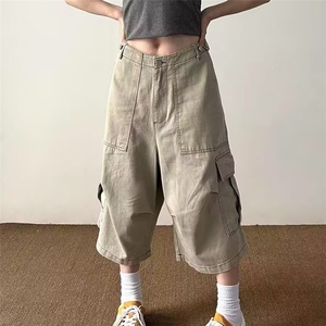 美式复古多口袋工装七分裤男女夏季宽松阔腿休闲高街短裤工装裤潮