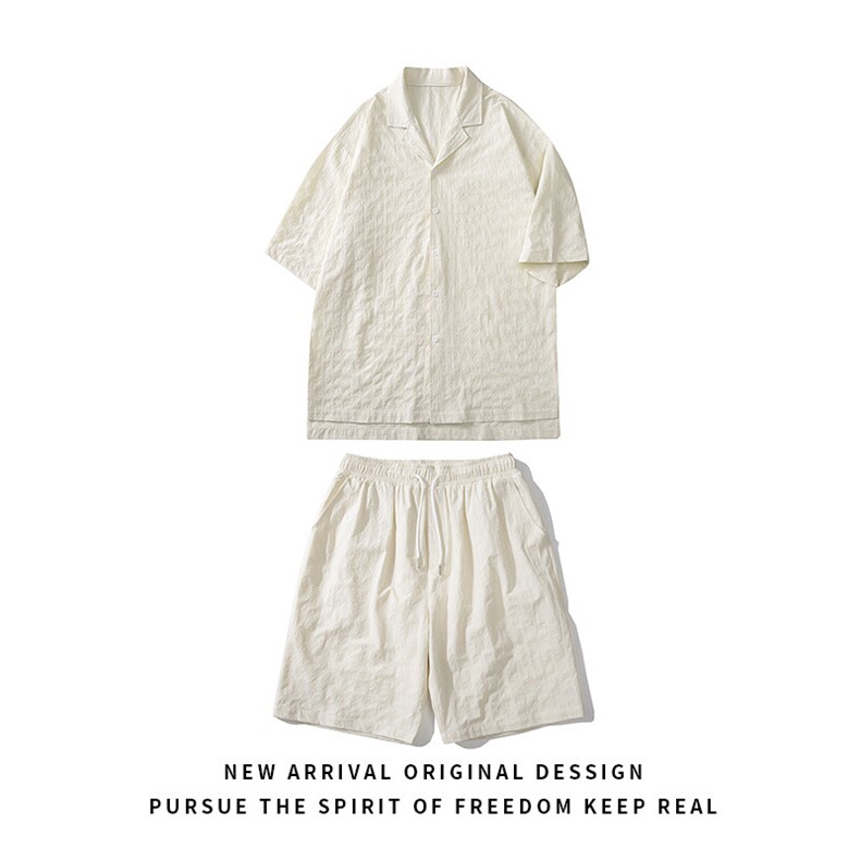 TZ52932/P65西服领短袖衬衣裤子套装男潮夏季肌理感西装领两件套图片