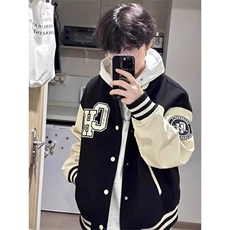 美式复古字母印花棒球服外套撞色拼接夹克JK12特P55，男装夹克，星座908-1