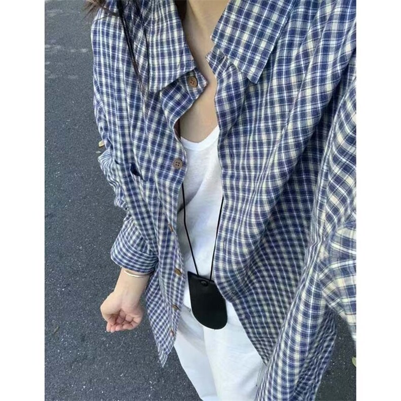 韩系蓝色格子长袖衬衫男女宽松慵懒风衬衣特批2648-CS37图片